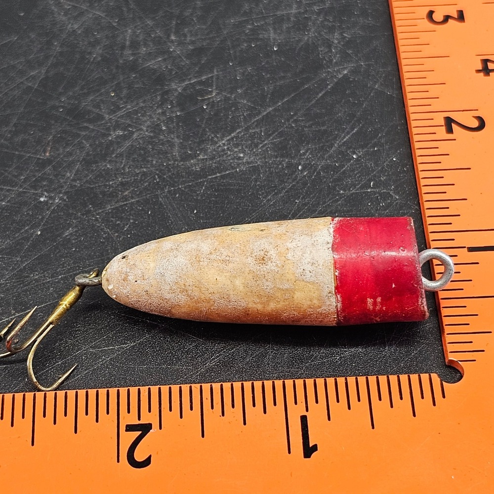 Vintage Wooden Fishing Lure Red Head White Body Torpedo Shape #3115